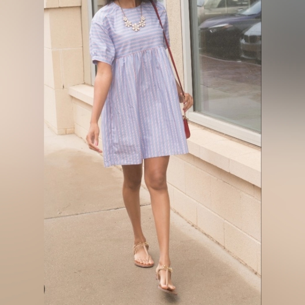 Cottagecore Boho Light Blue Striped Babydoll Dress - Women's